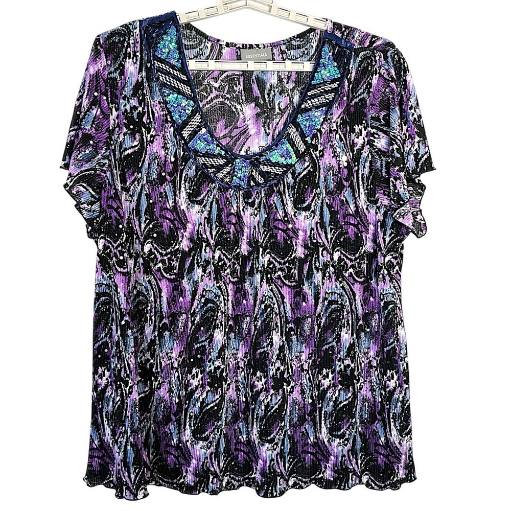 Essentials Sequin Top Beaded Flutter Sleeve Pullover Blouse Purple Teal Plus 3X